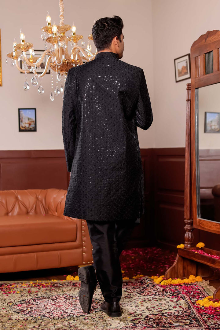 Black Lucknowi Silk Indo-western Suit.