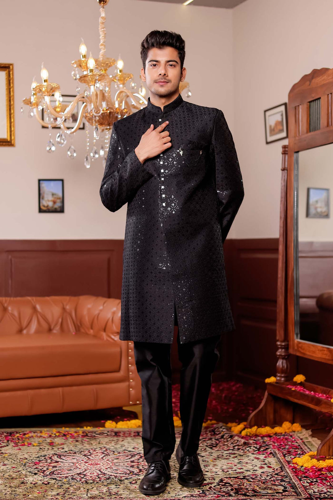 Black Lucknowi Silk Indo-western Suit.