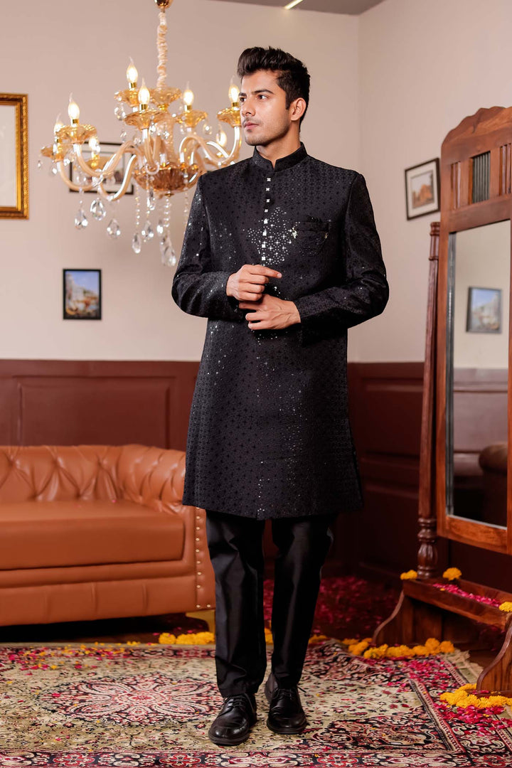 Black Lucknowi Silk Indo-western Suit.