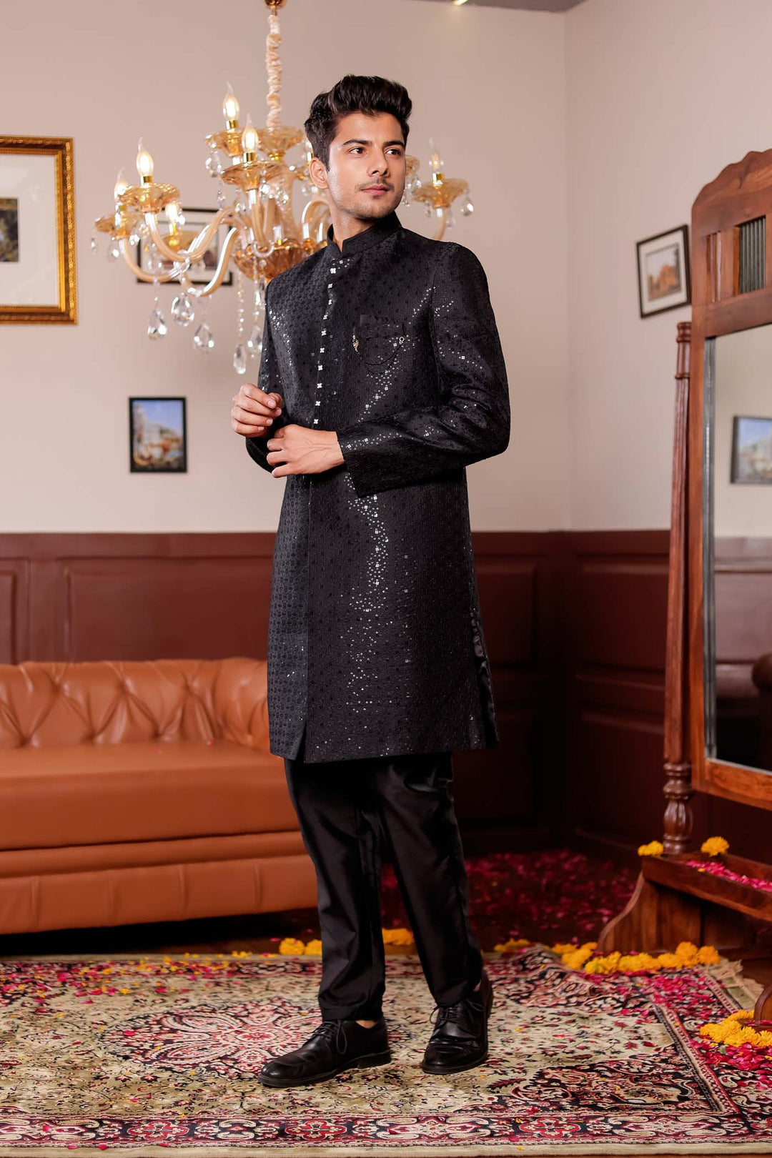 Black Lucknowi Silk Indo-western Suit.