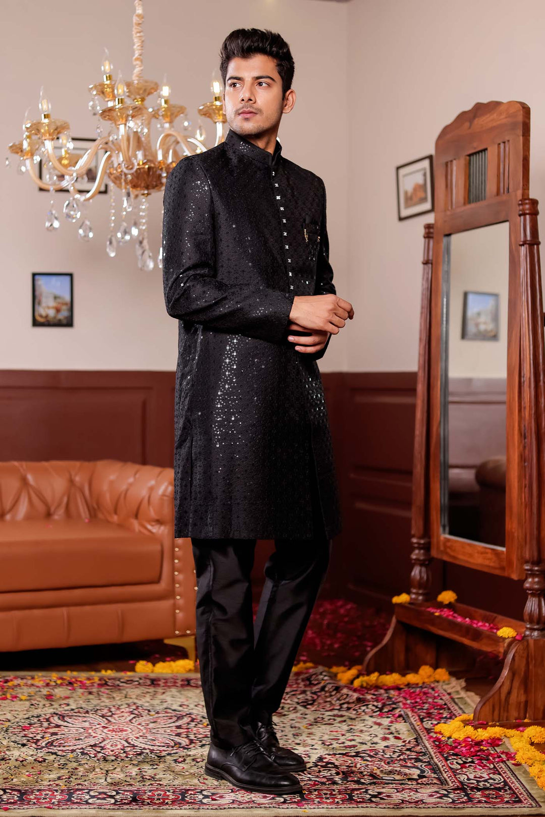 Black Lucknowi Silk Indo-western Suit.