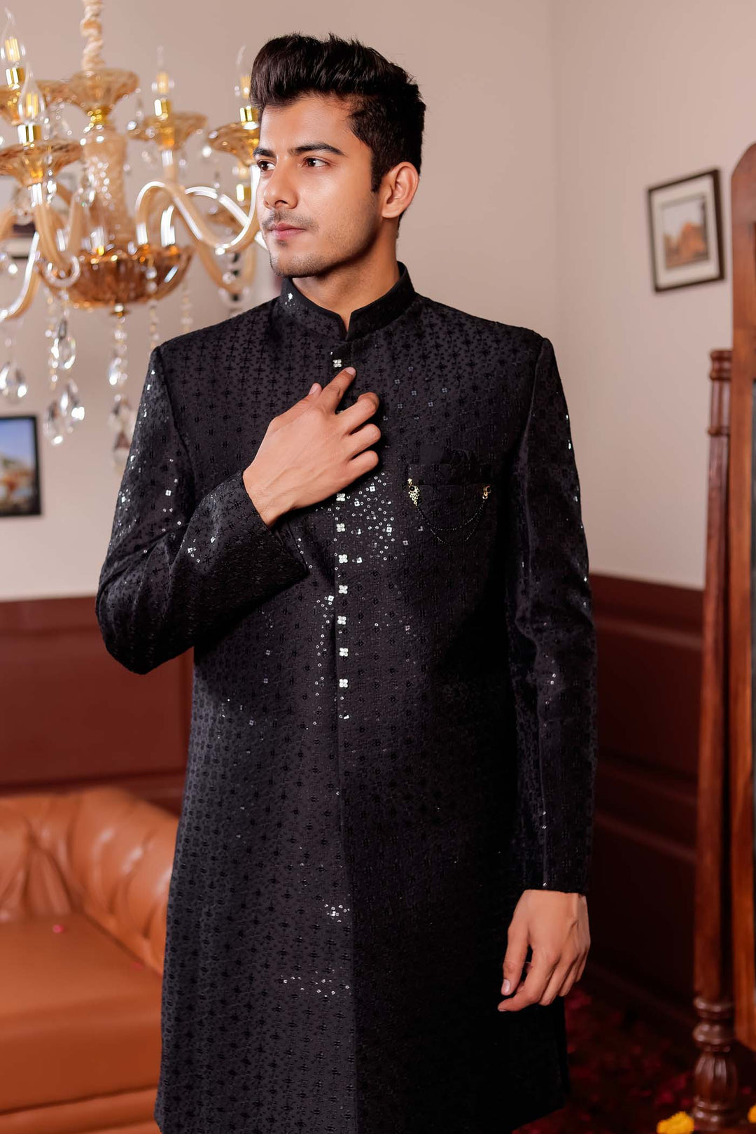 Black Lucknowi Silk Indo-western Suit.