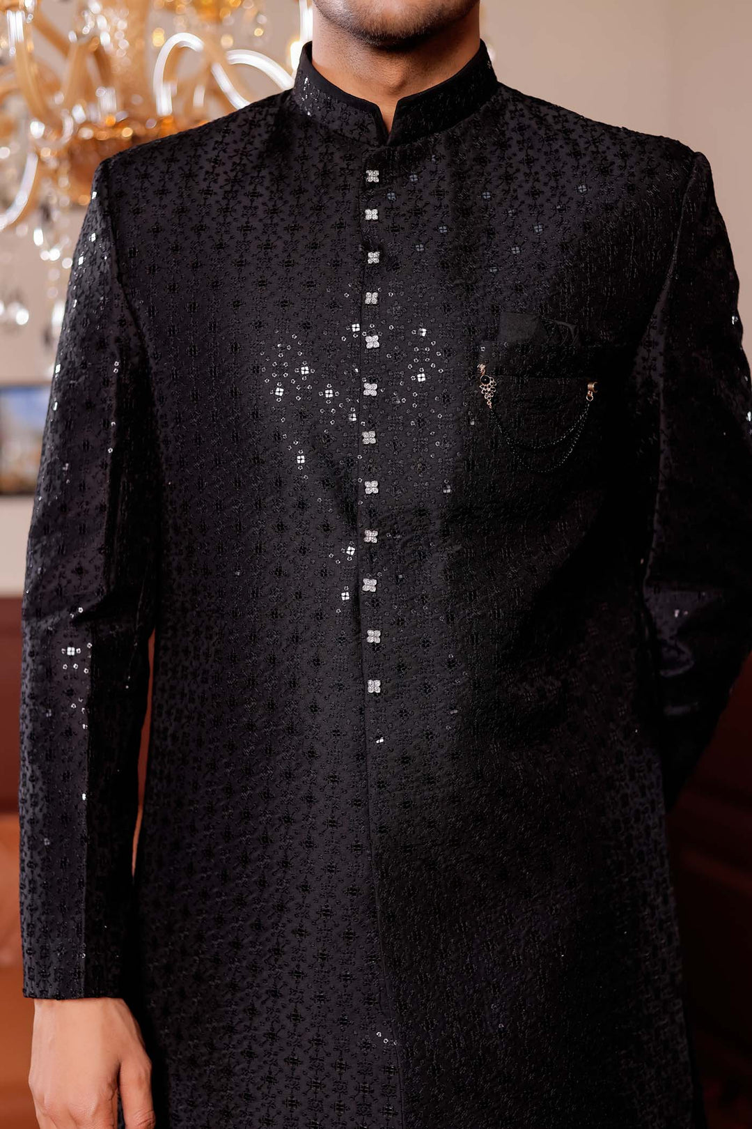 Black Lucknowi Silk Indo-western Suit.