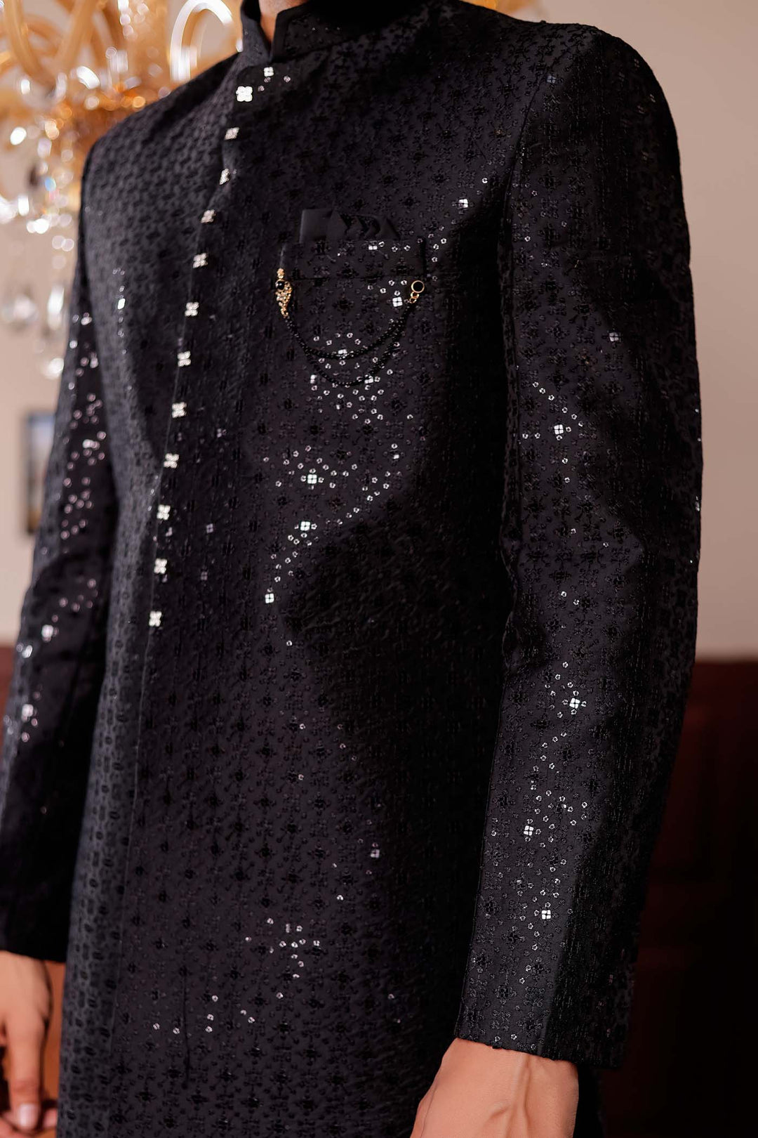 Black Lucknowi Silk Indo-western Suit.