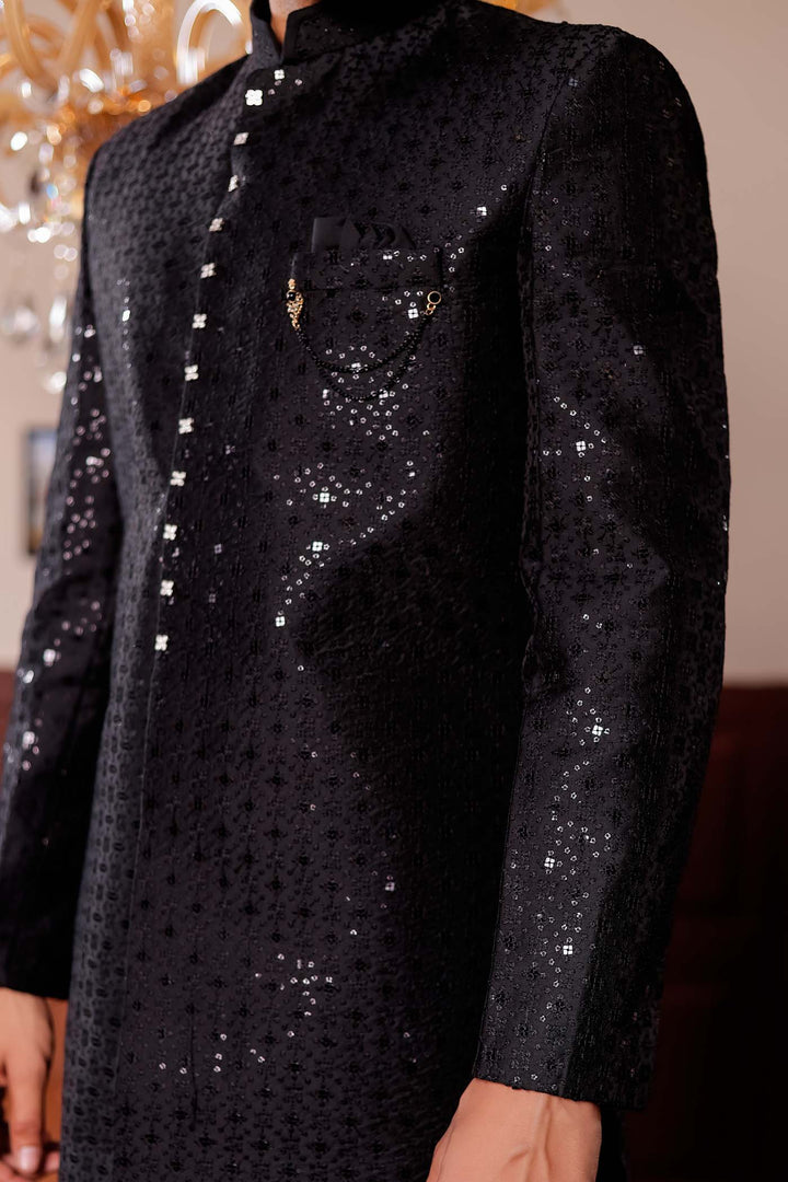 Black Lucknowi Silk Indo-western Suit.