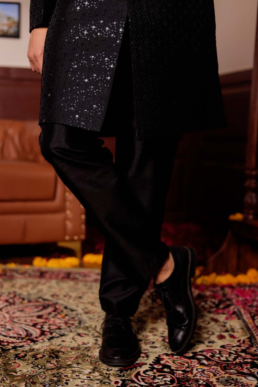 Black Lucknowi Silk Indo-western Suit.