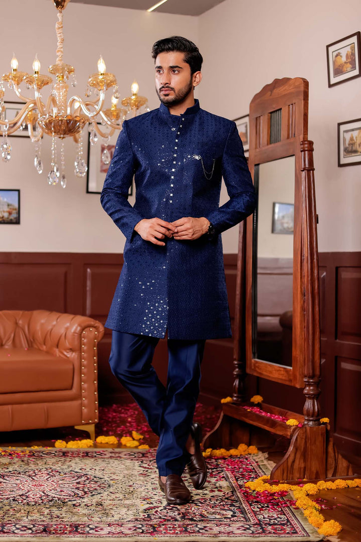 Navy Blue Lucknowi Silk Indo-western Suit.