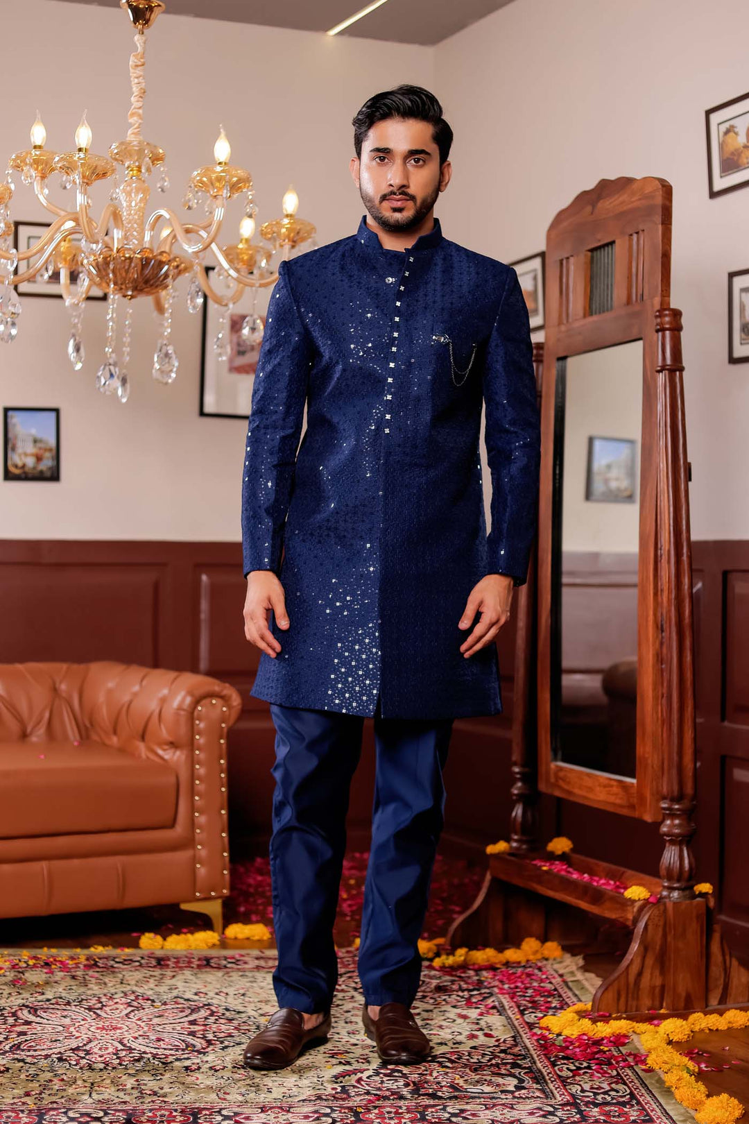 Navy Blue Lucknowi Silk Indo-western Suit.
