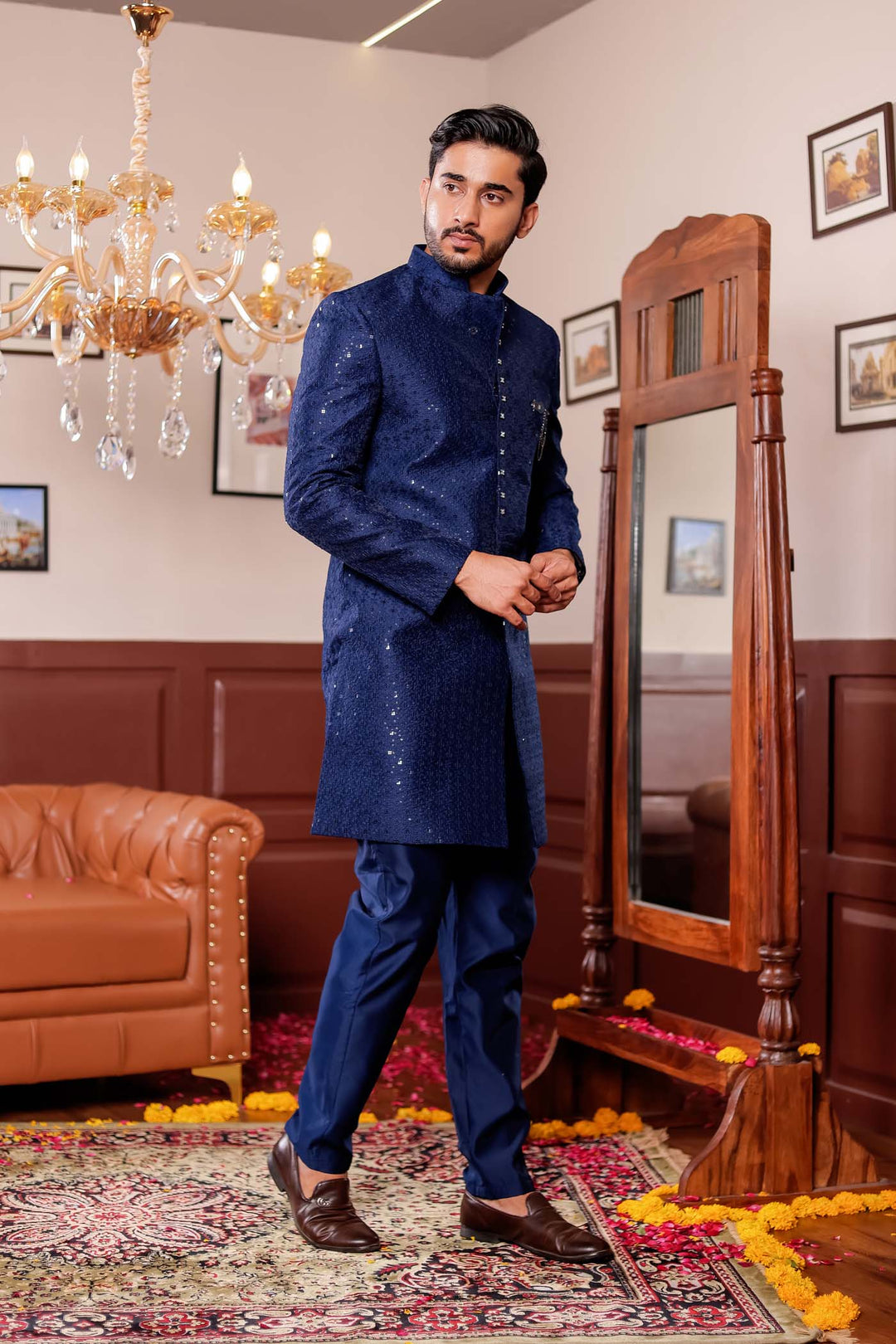 Navy Blue Lucknowi Silk Indo-western Suit.