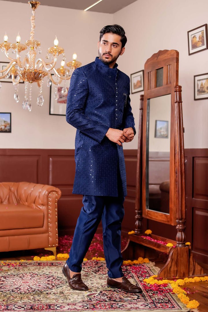 Navy Blue Lucknowi Silk Indo-western Suit.