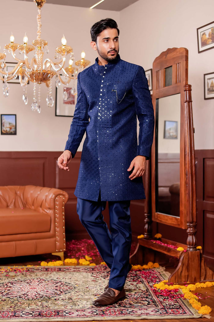 Navy Blue Lucknowi Silk Indo-western Suit.