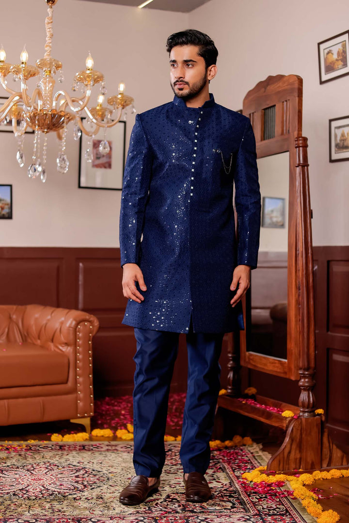 Navy Blue Lucknowi Silk Indo-western Suit.