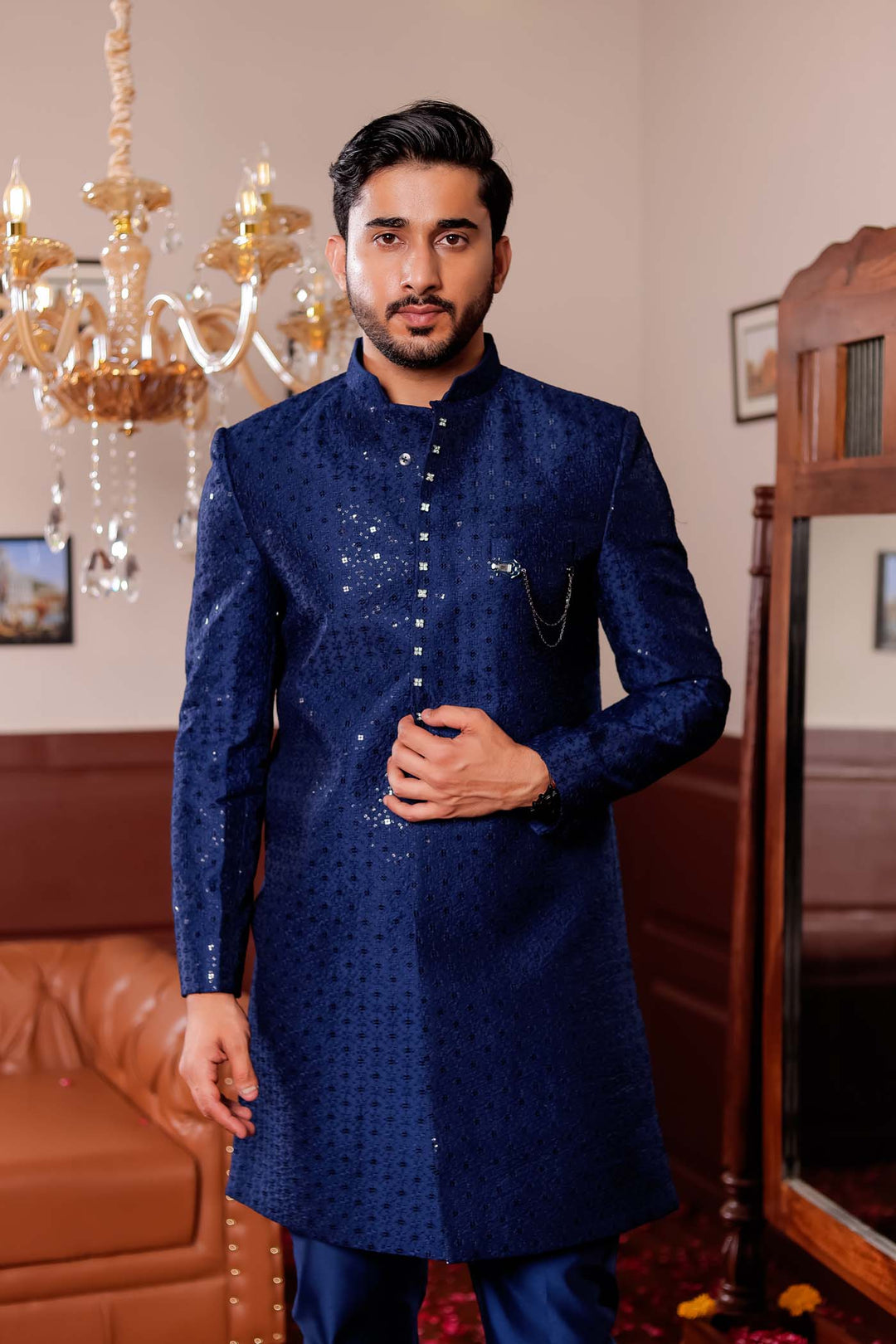 Navy Blue Lucknowi Silk Indo-western Suit.