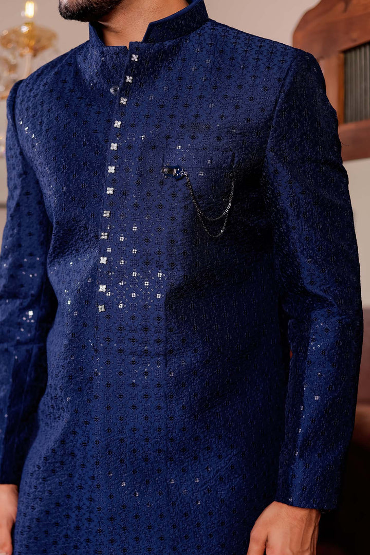 Navy Blue Lucknowi Silk Indo-western Suit.