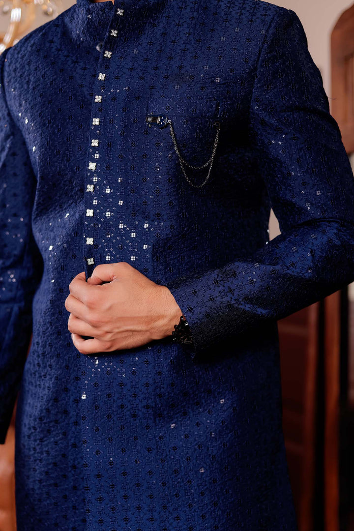 Navy Blue Lucknowi Silk Indo-western Suit.