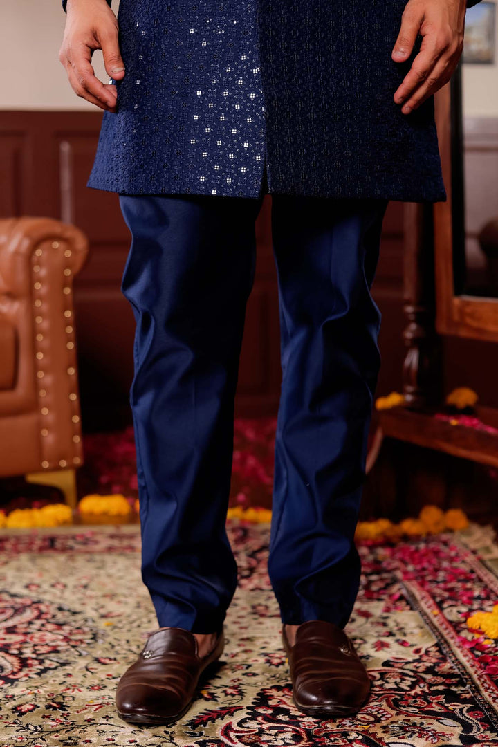 Navy Blue Lucknowi Silk Indo-western Suit.