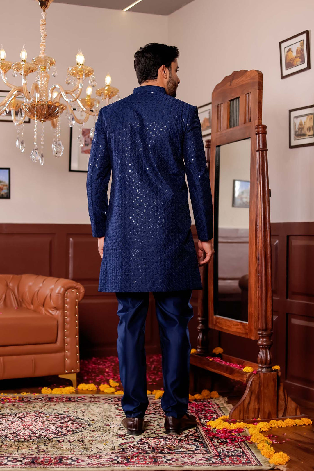 Navy Blue Lucknowi Silk Indo-western Suit.