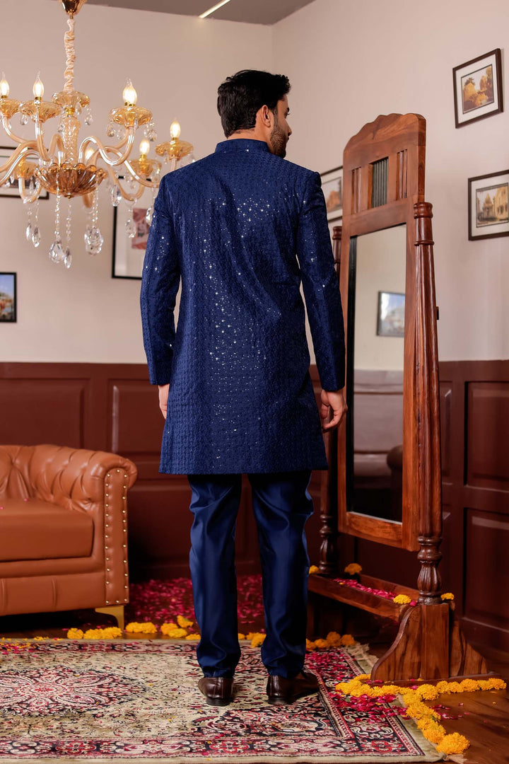 Navy Blue Lucknowi Silk Indo-western Suit.
