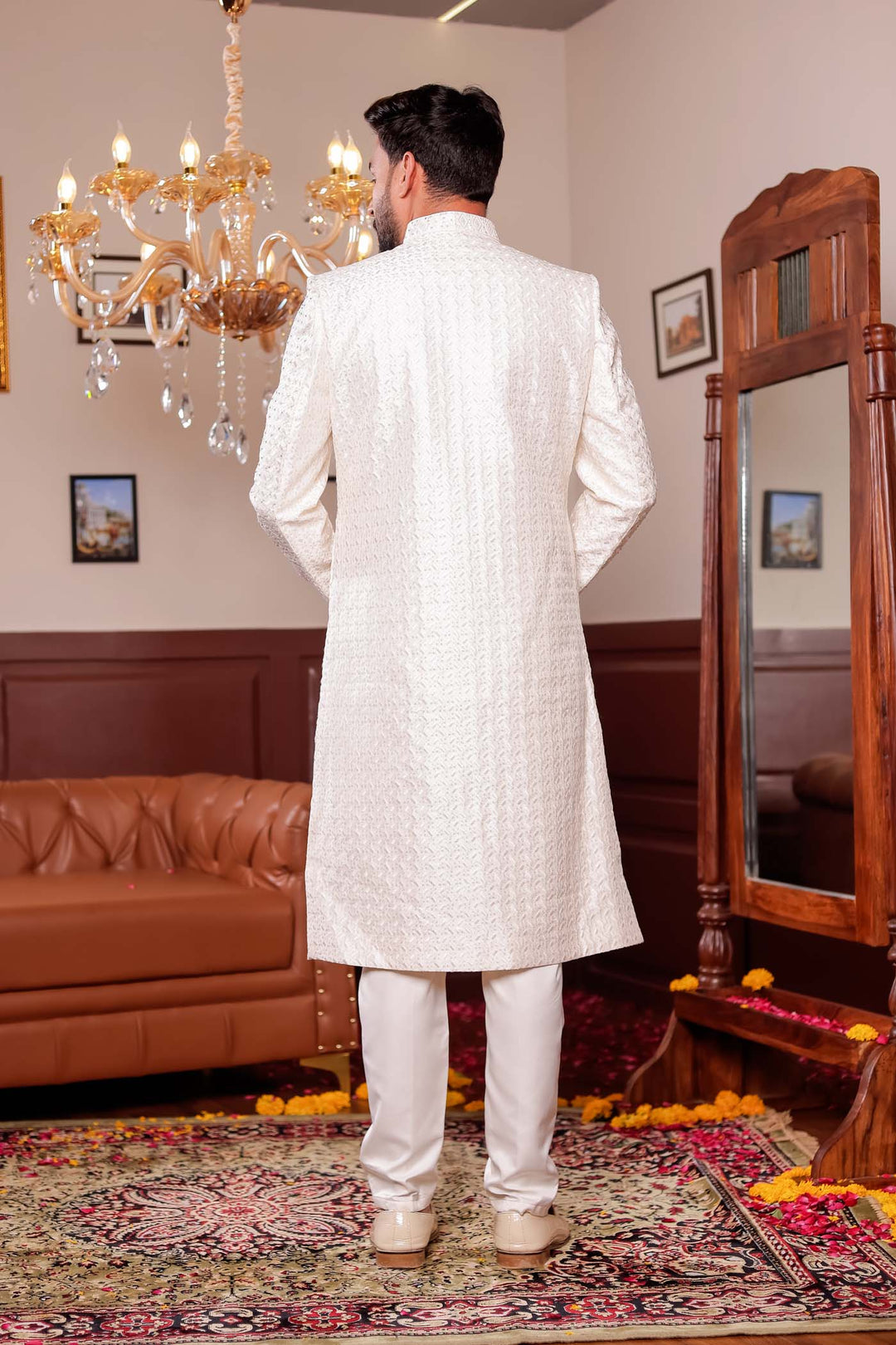 Cream Lucknowi Silk Jacket Style Indo-wester Suit with Embroidery All over