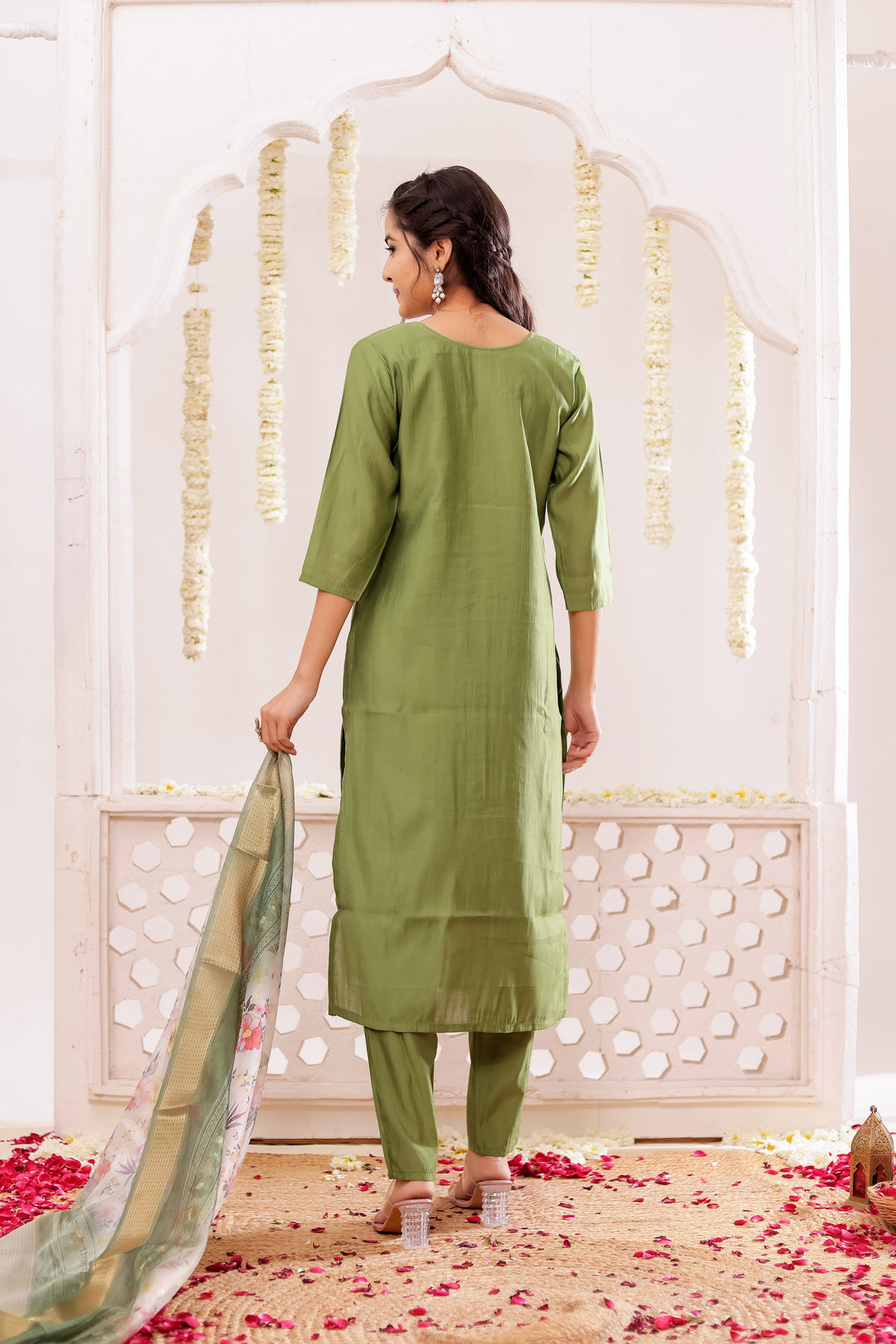 Green Soft Silk Straight Cut Kurta Set