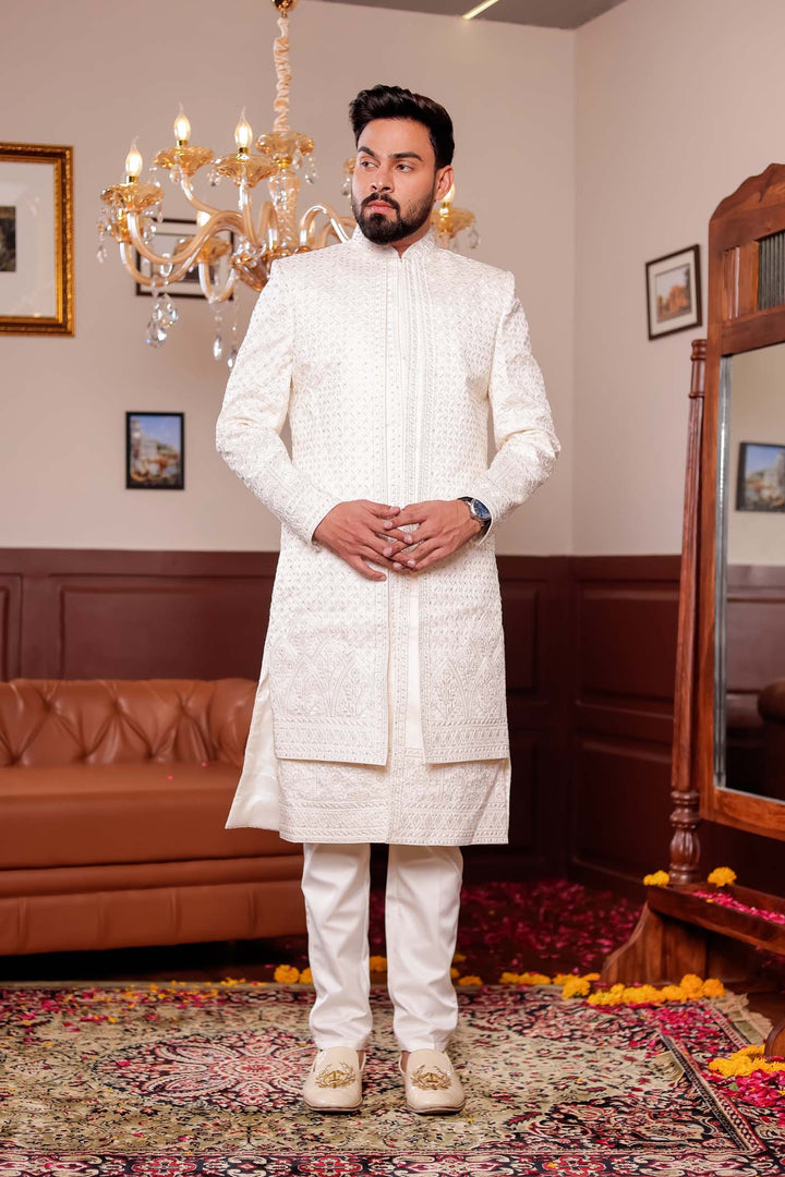 Cream Lucknowi Silk Jacket Style Indo-wester Suit with Embroidery All over