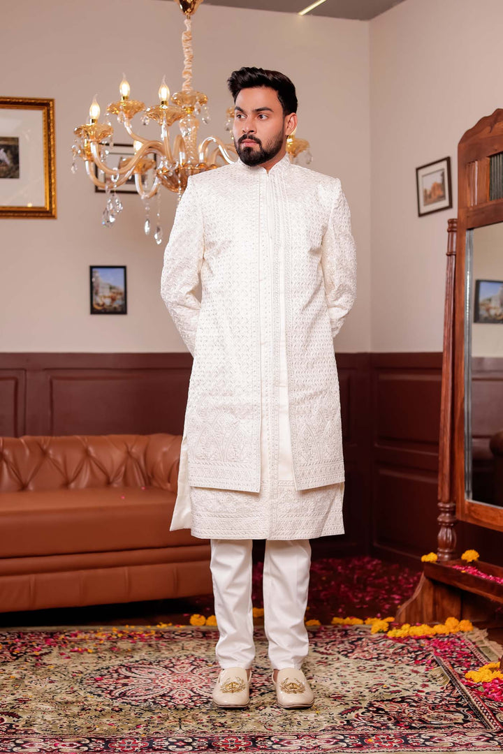 Cream Lucknowi Silk Jacket Style Indo-wester Suit with Embroidery All over