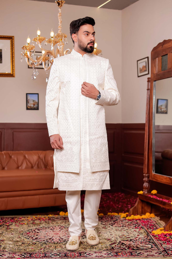 Cream Lucknowi Silk Jacket Style Indo-wester Suit with Embroidery All over