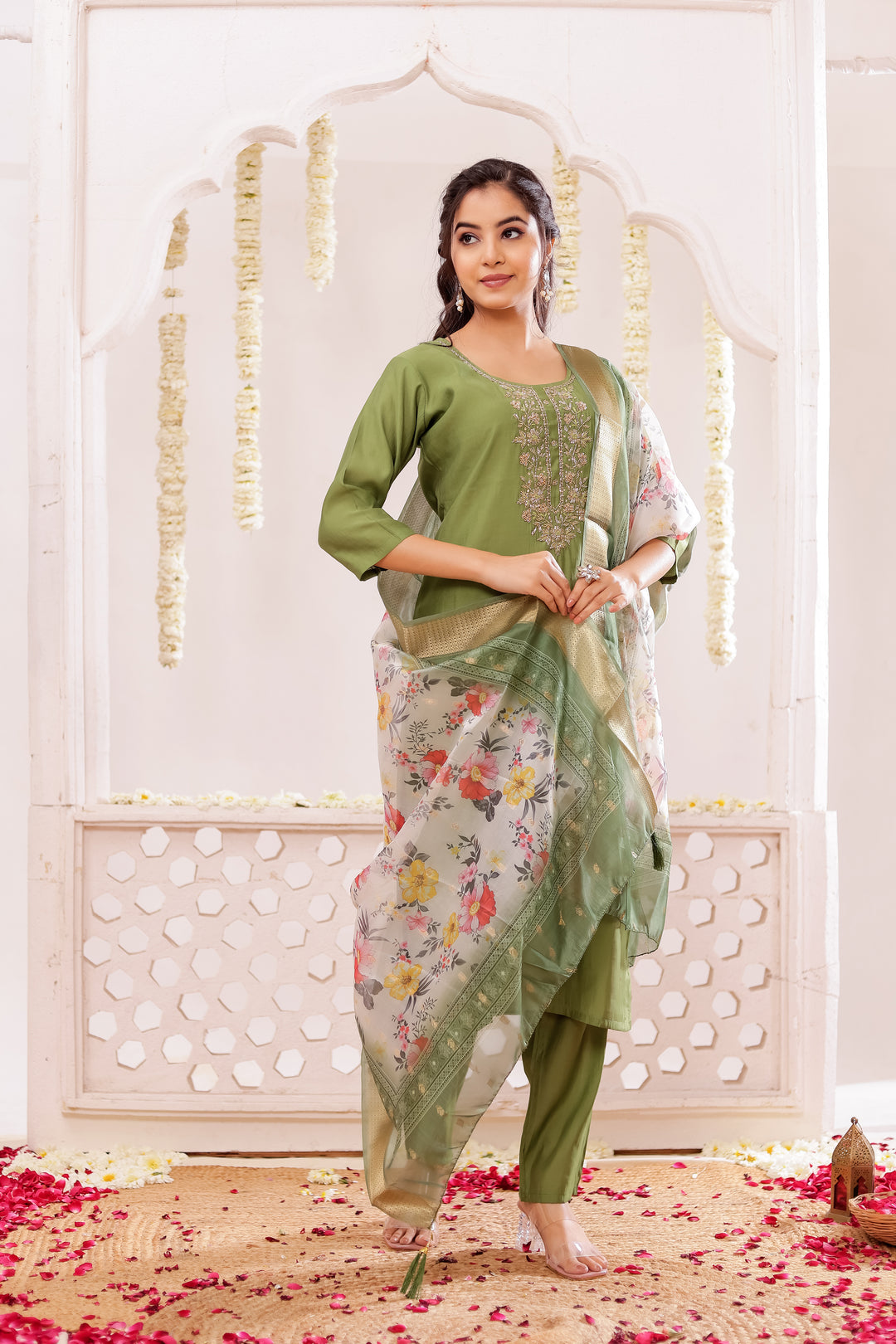 Green Soft Silk Straight Cut Kurta Set
