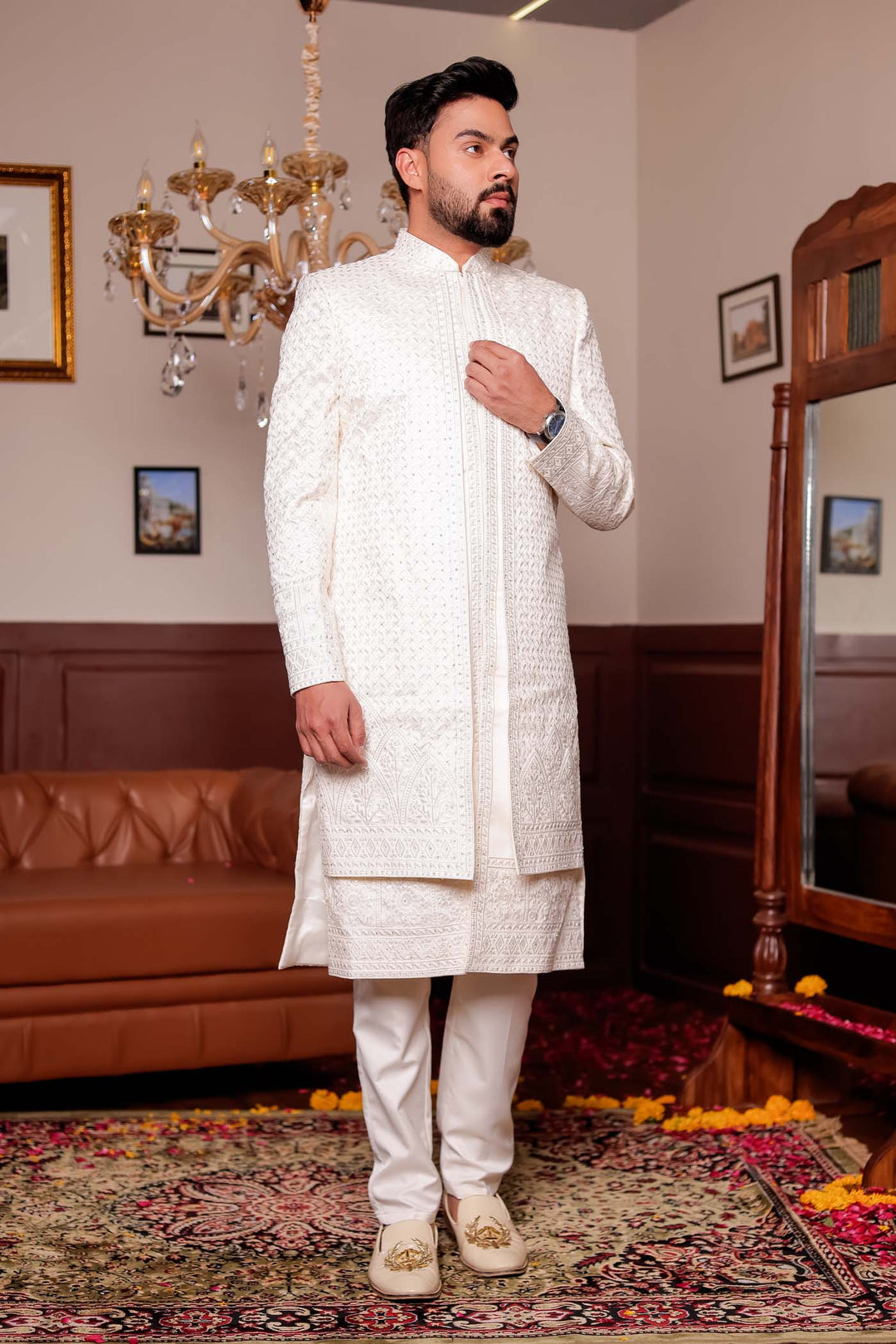 Cream Lucknowi Silk Jacket Style Indo-wester Suit with Embroidery All over