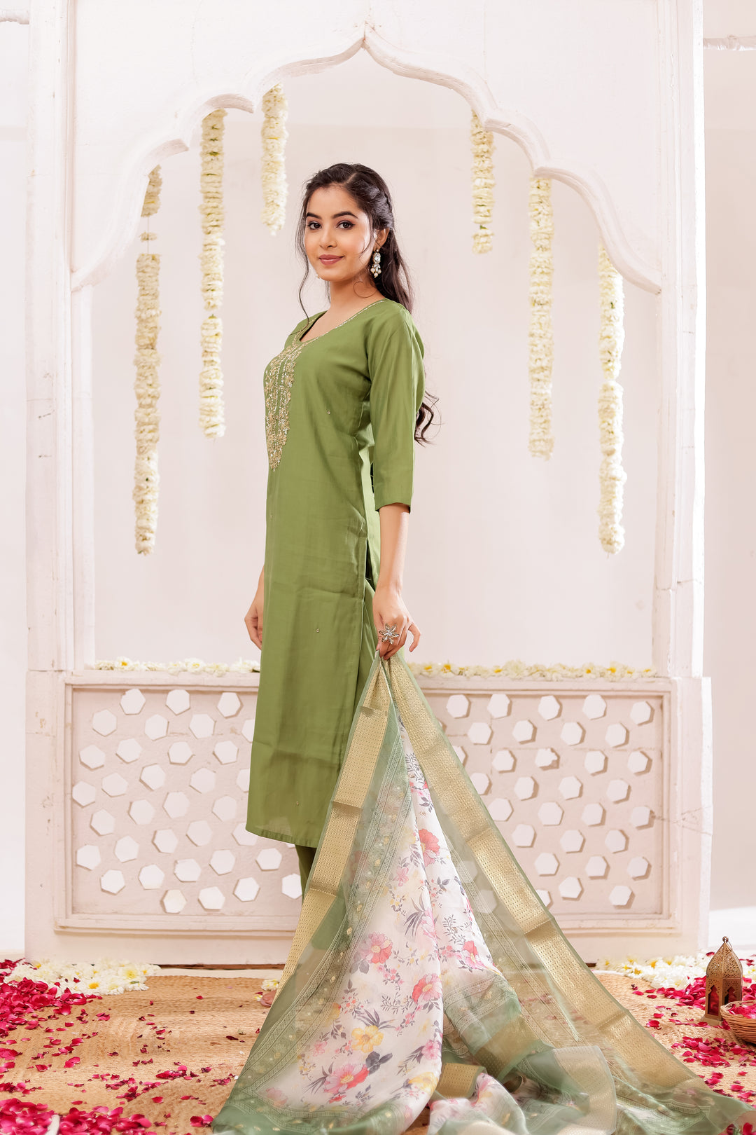 Green Soft Silk Straight Cut Kurta Set