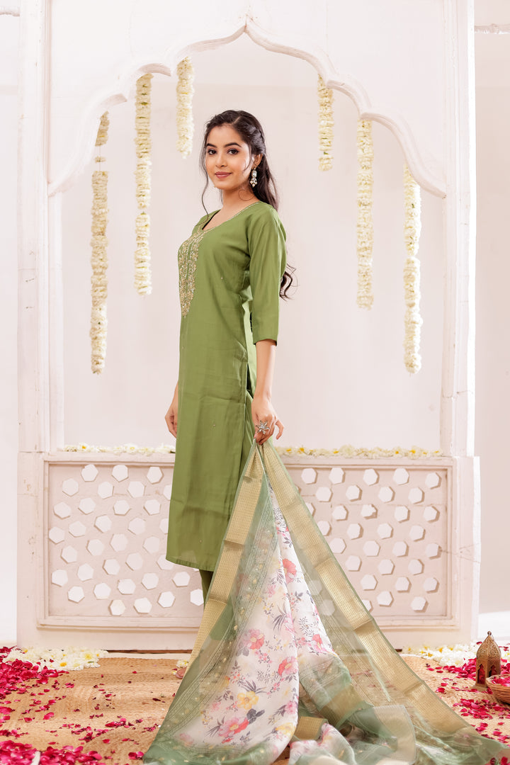 Green Soft Silk Straight Cut Kurta Set