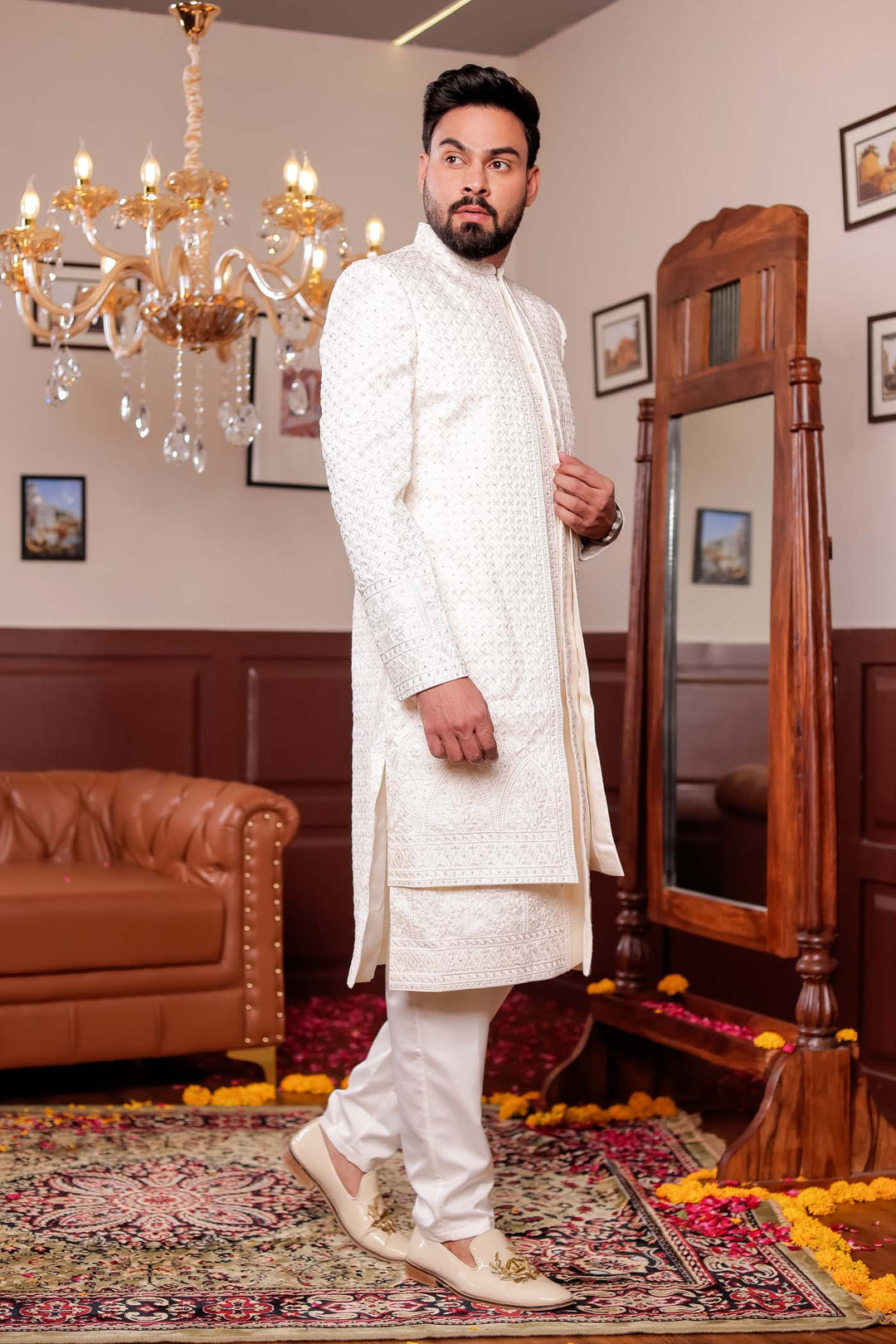 Cream Lucknowi Silk Jacket Style Indo-wester Suit with Embroidery All over