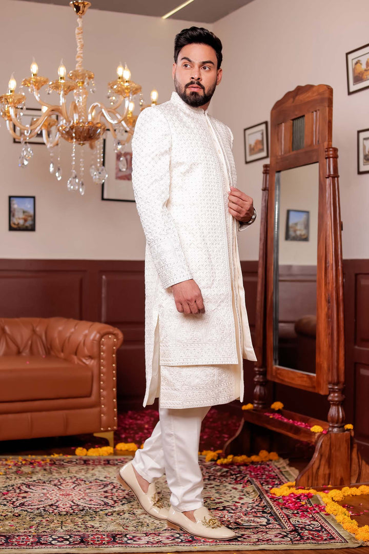 Cream Lucknowi Silk Jacket Style Indo-wester Suit with Embroidery All over