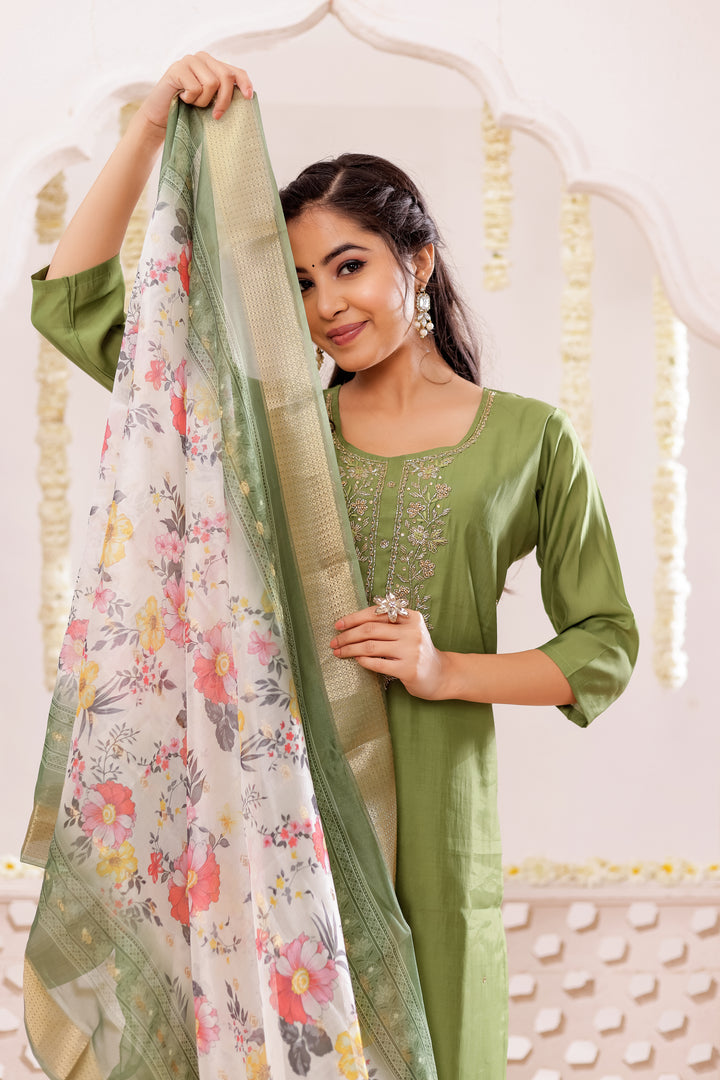 Green Soft Silk Straight Cut Kurta Set