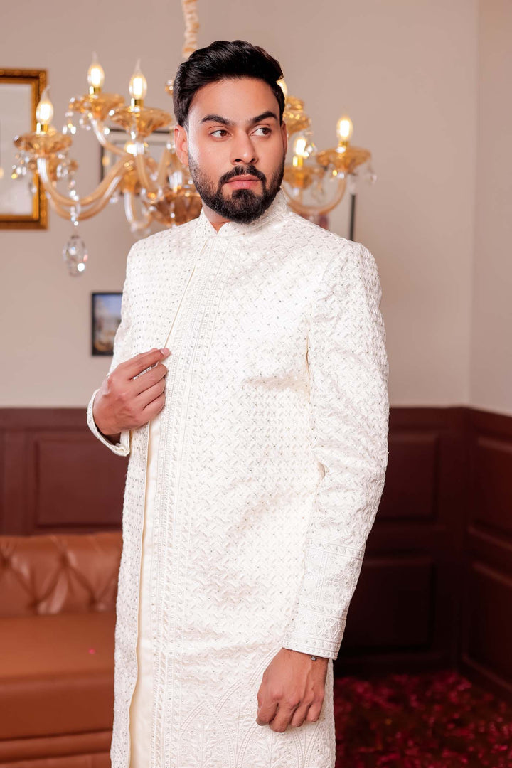 Cream Lucknowi Silk Jacket Style Indo-wester Suit with Embroidery All over