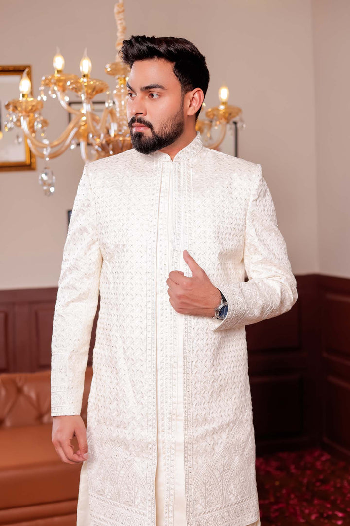 Cream Lucknowi Silk Jacket Style Indo-wester Suit with Embroidery All over