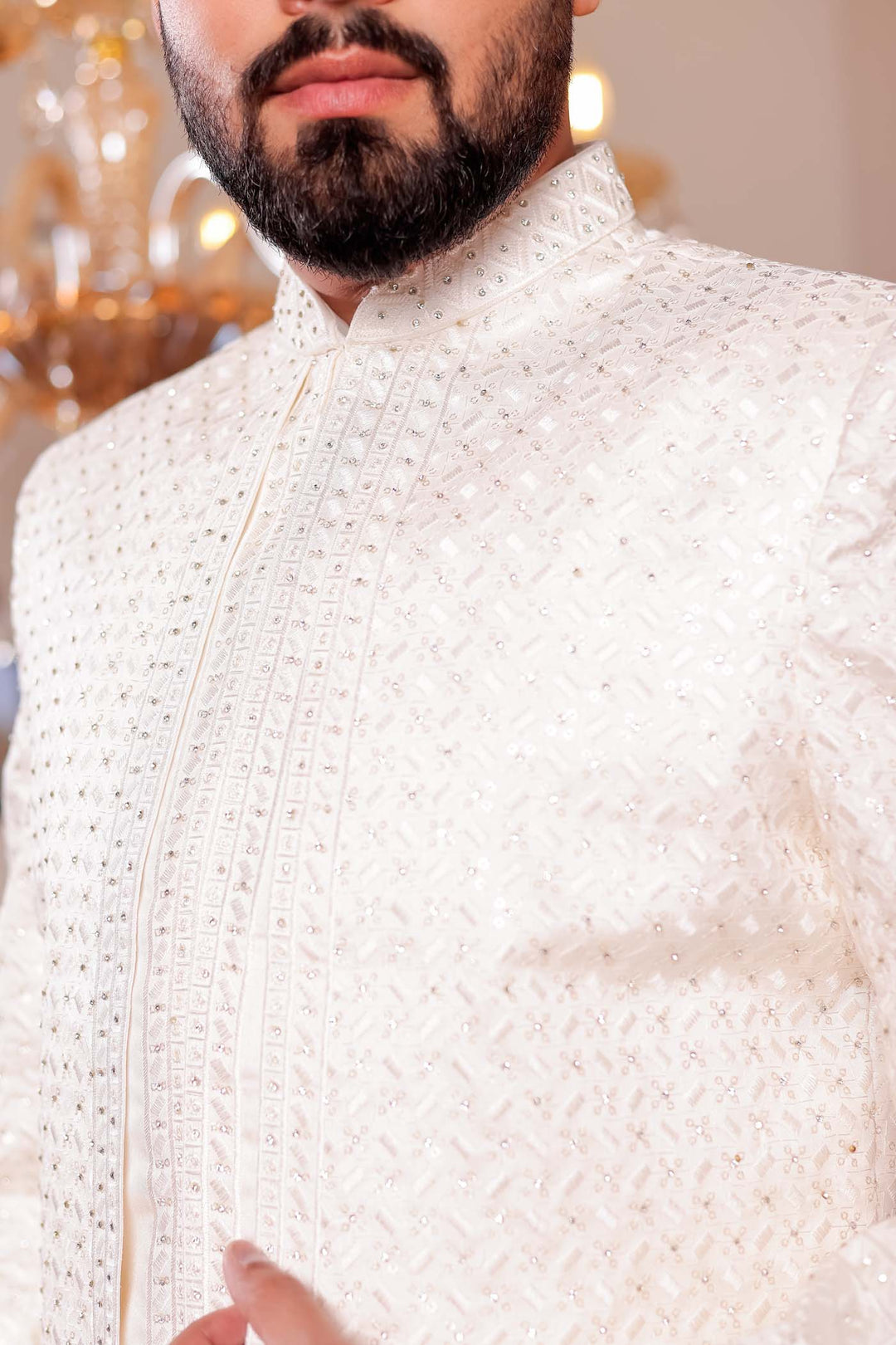 Cream Lucknowi Silk Jacket Style Indo-wester Suit with Embroidery All over