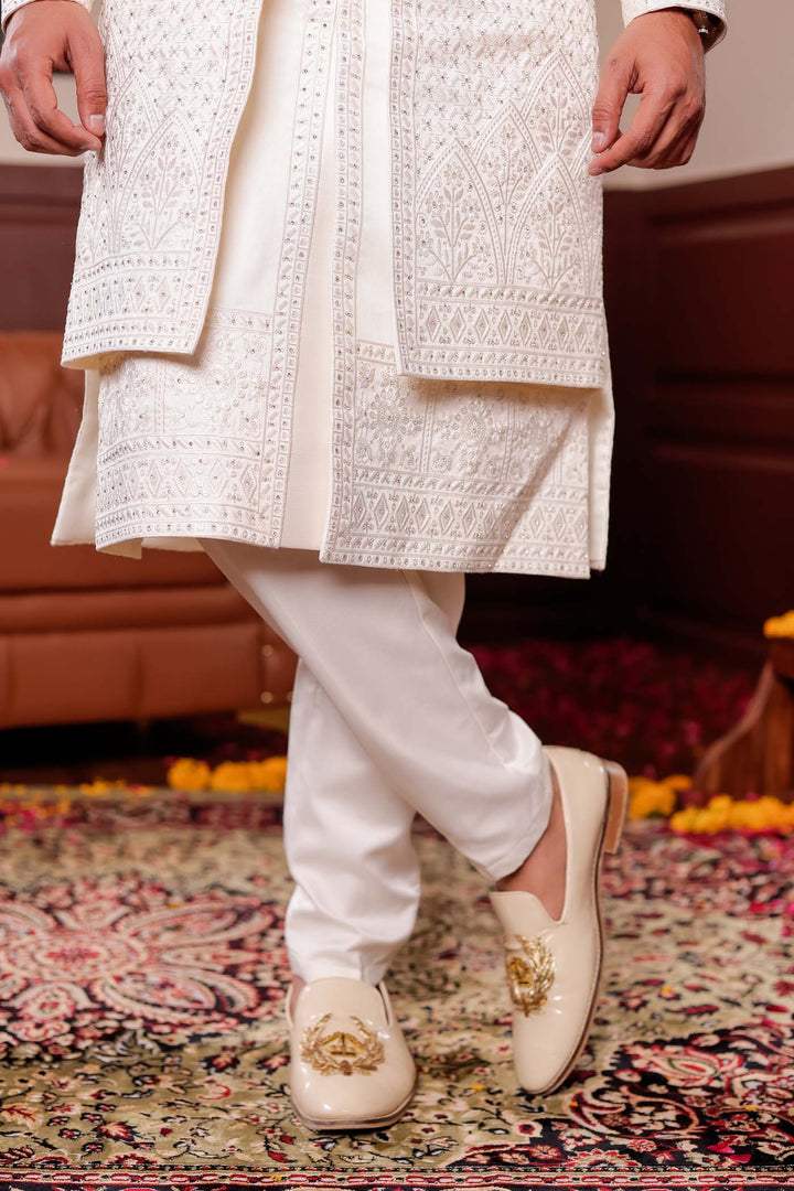 Cream Lucknowi Silk Jacket Style Indo-wester Suit with Embroidery All over