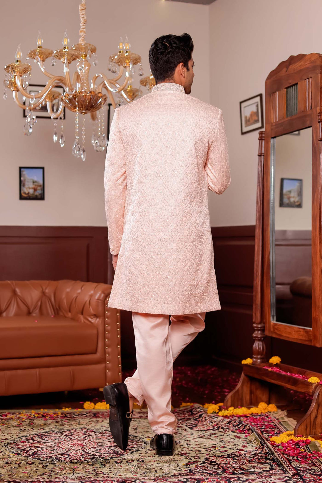 Peach Jacket Style Indo-western suit with resham thread Embroidery