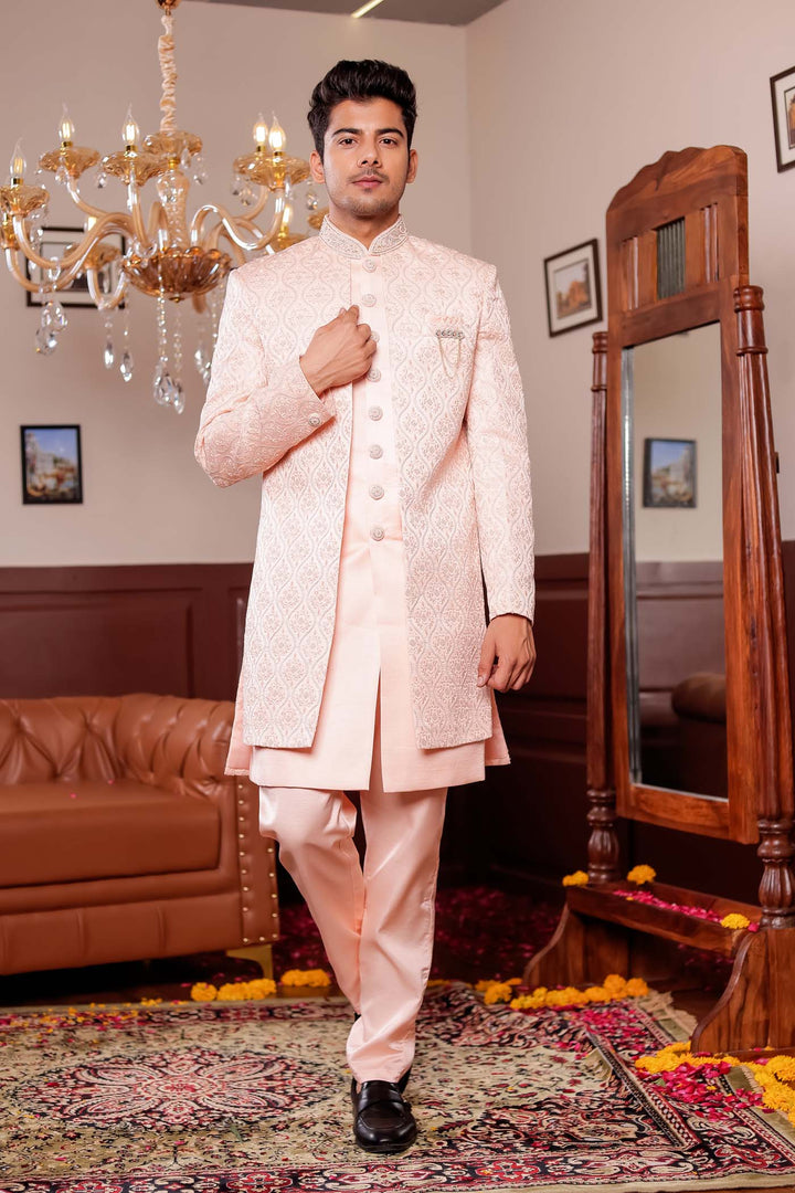 Peach Jacket Style Indo-western suit with resham thread Embroidery