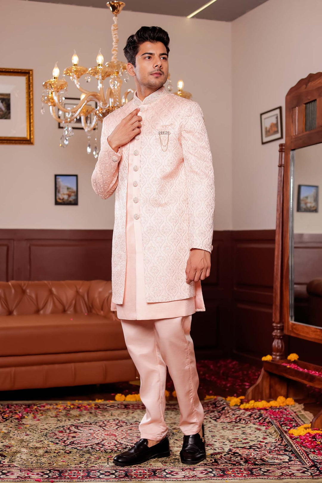 Peach Jacket Style Indo-western suit with resham thread Embroidery