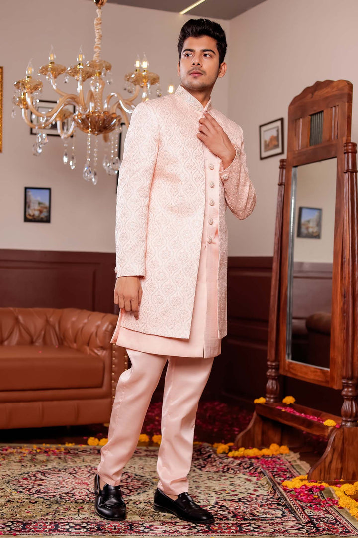 Peach Jacket Style Indo-western suit with resham thread Embroidery