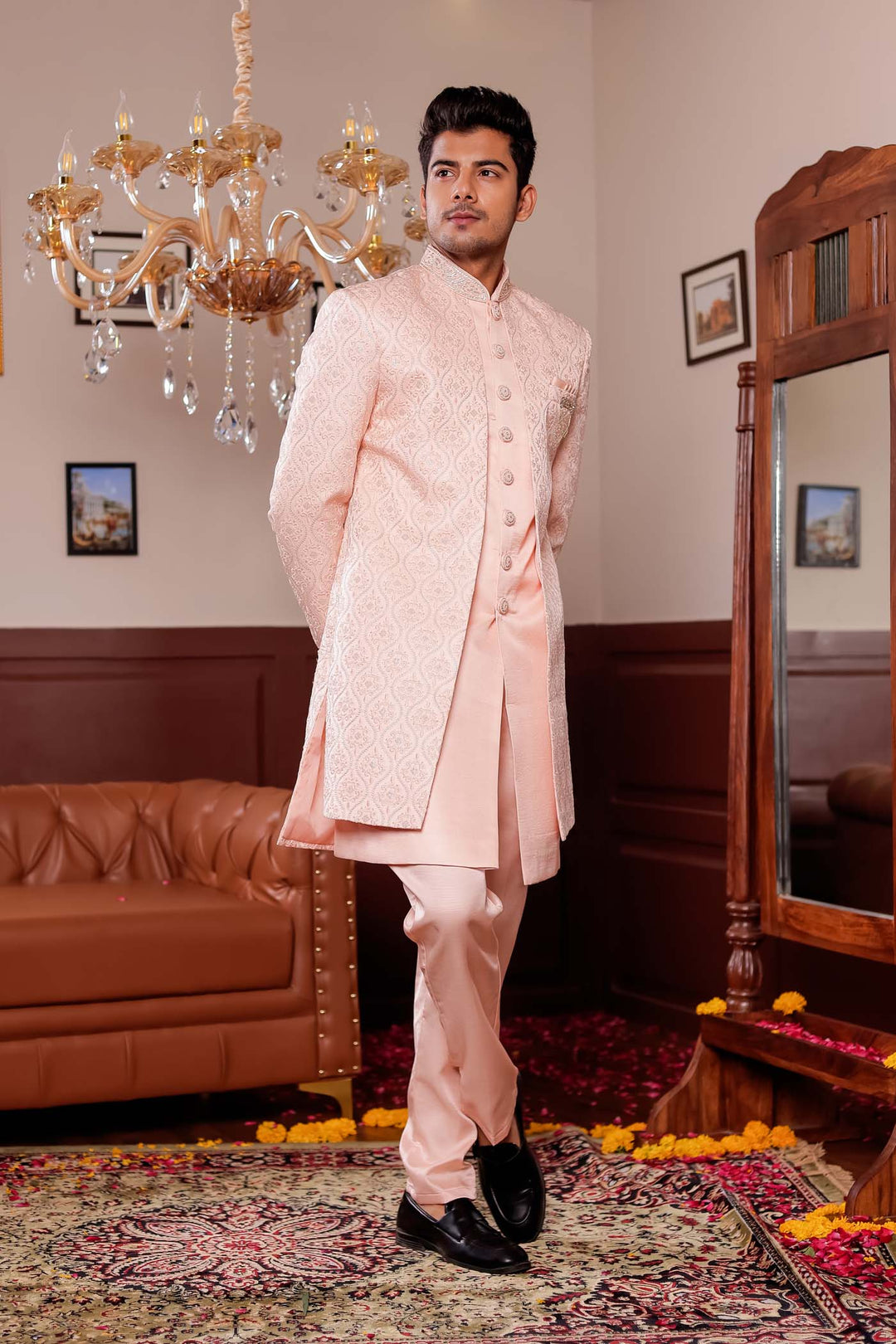 Peach Jacket Style Indo-western suit with resham thread Embroidery