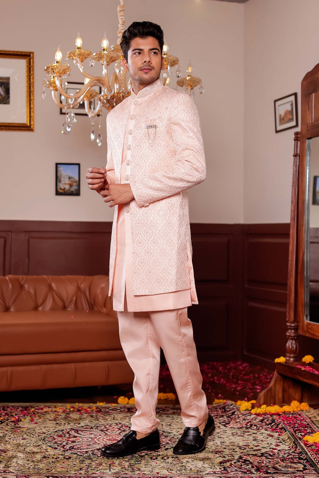 Peach Jacket Style Indo-western suit with resham thread Embroidery