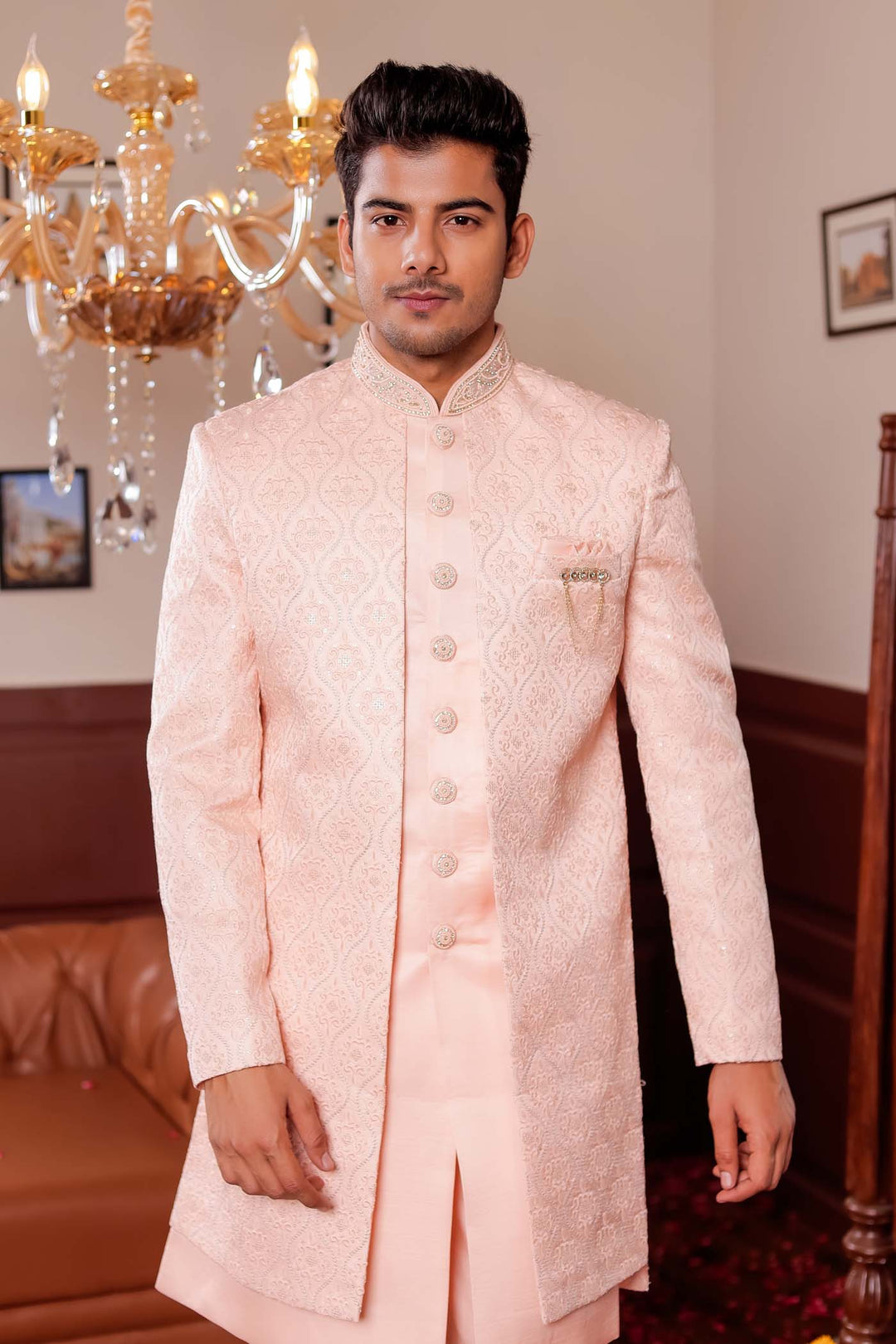 Peach Jacket Style Indo-western suit with resham thread Embroidery