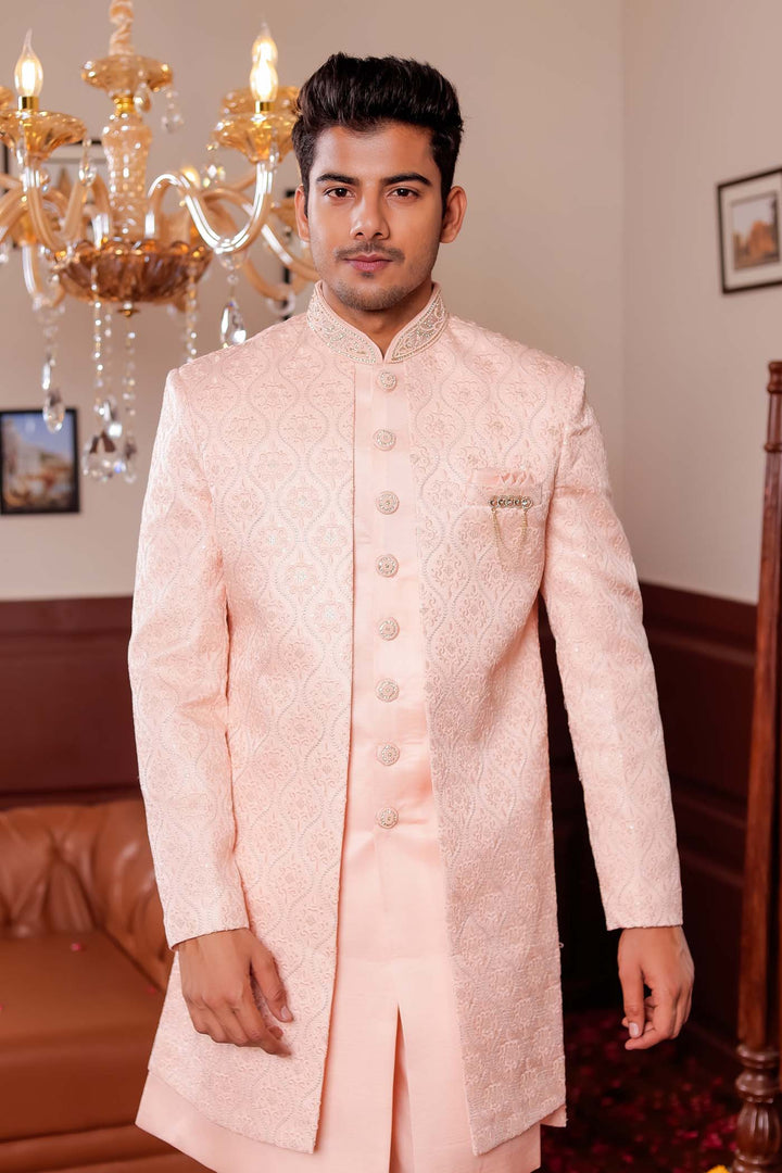 Peach Jacket Style Indo-western suit with resham thread Embroidery