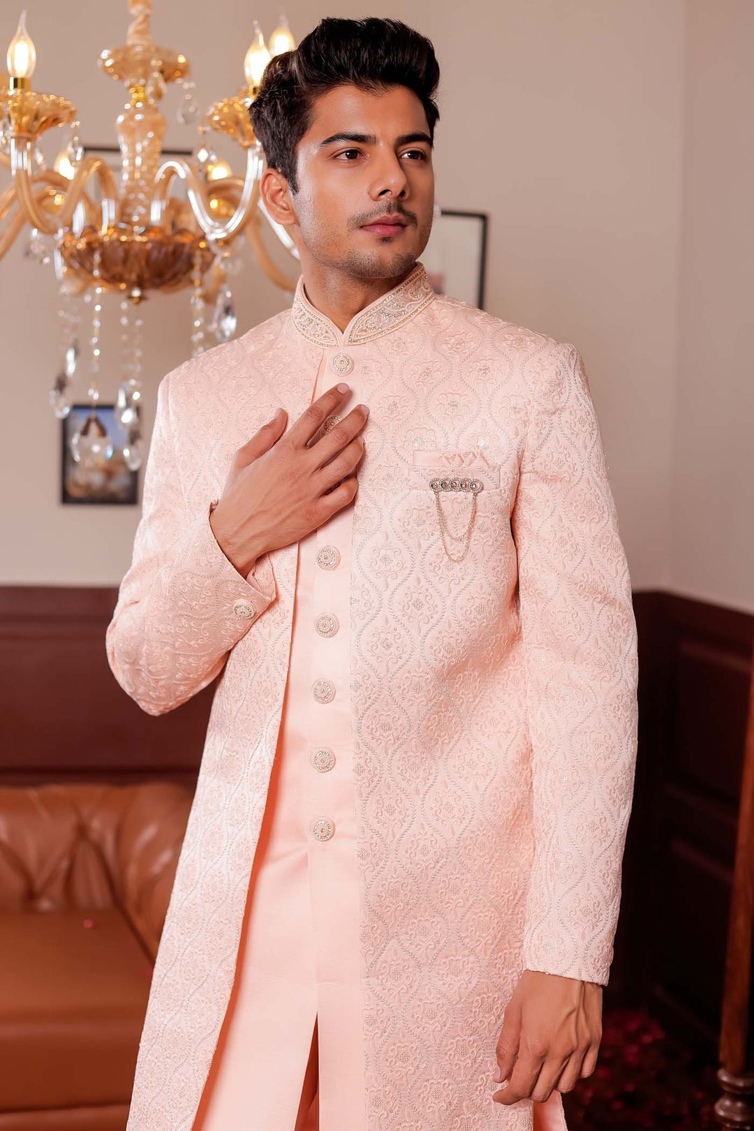Peach Jacket Style Indo-western suit with resham thread Embroidery