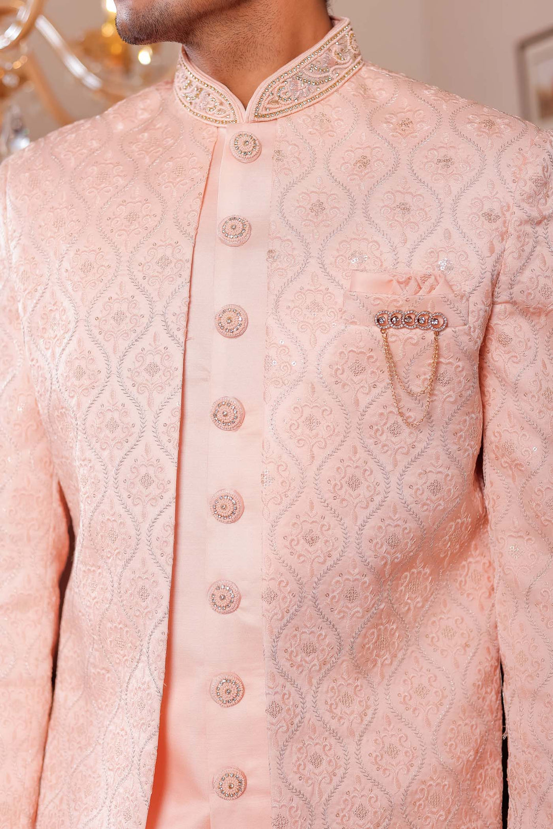 Peach Jacket Style Indo-western suit with resham thread Embroidery