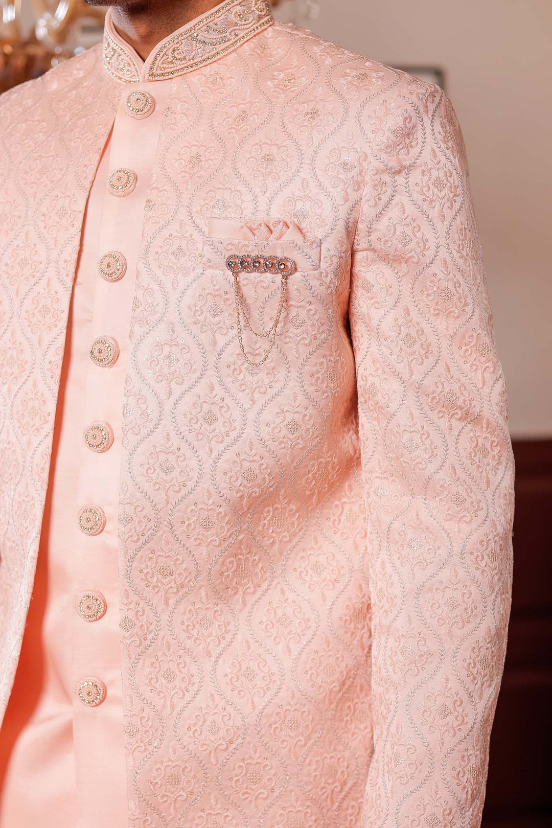 Peach Jacket Style Indo-western suit with resham thread Embroidery