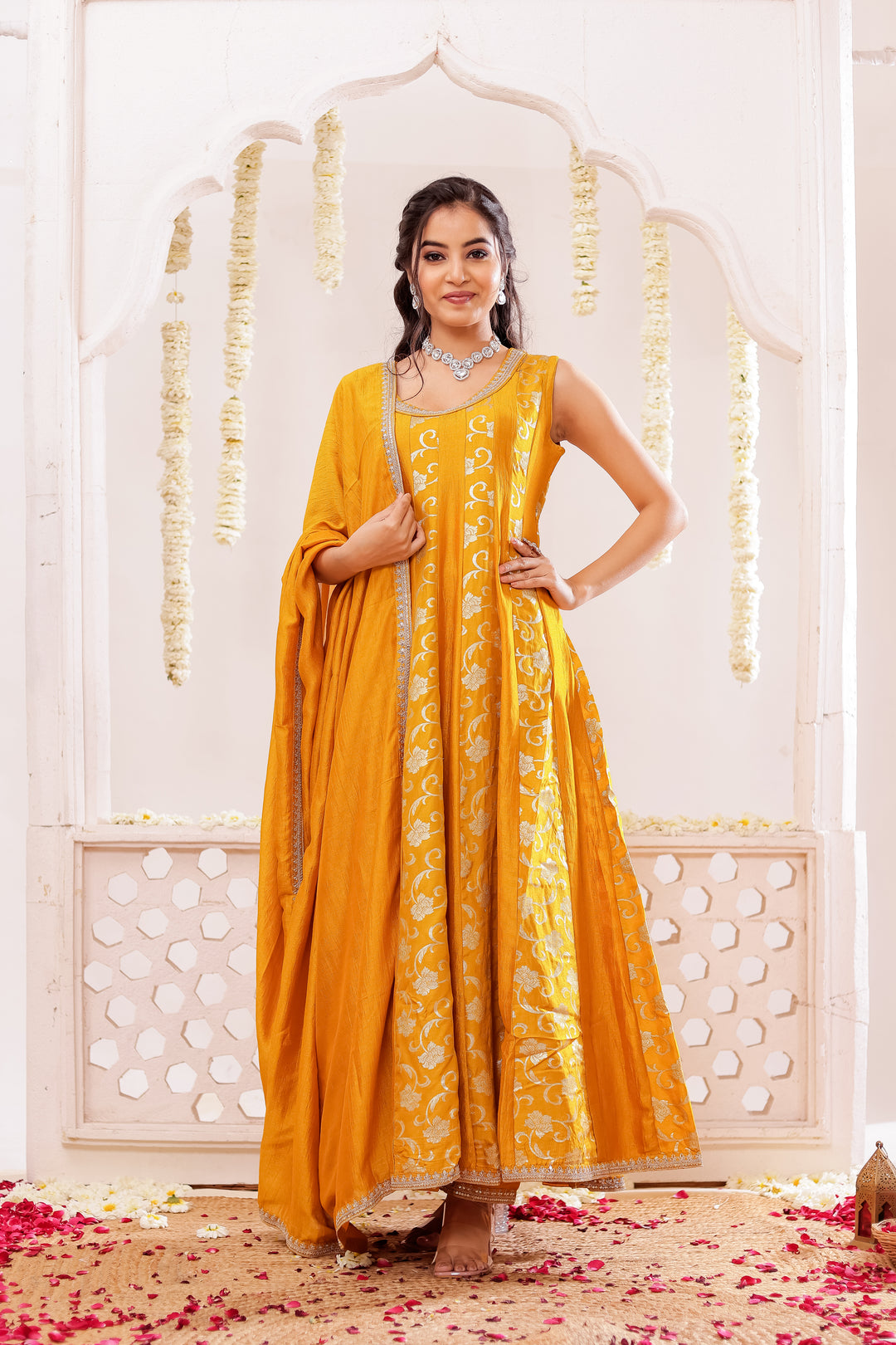 Mustard Vichitra Silk Anarkali Suit